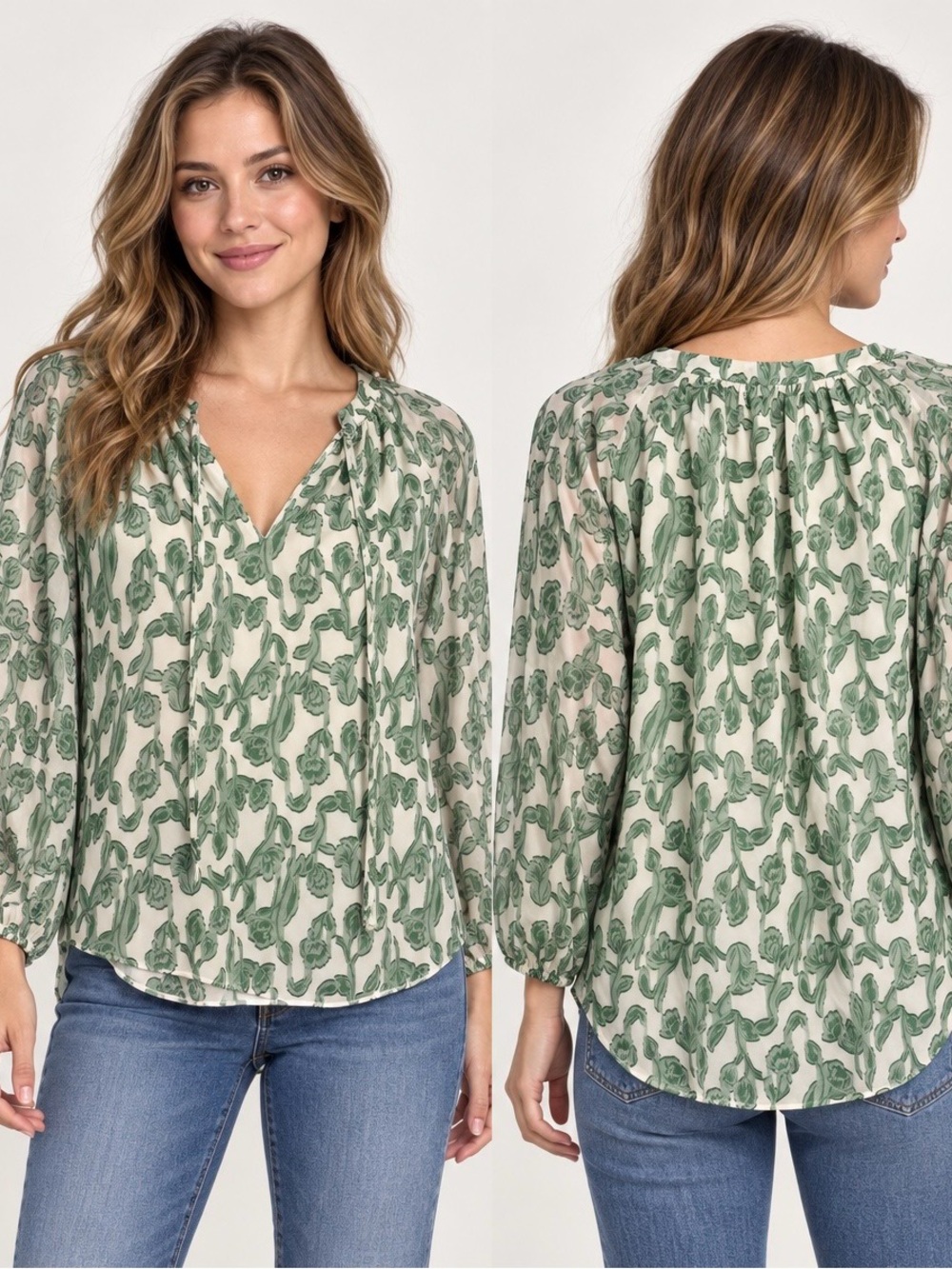 Current Air Green Ivory Floral Tie Neck Balloon Sleeve Blouse Small